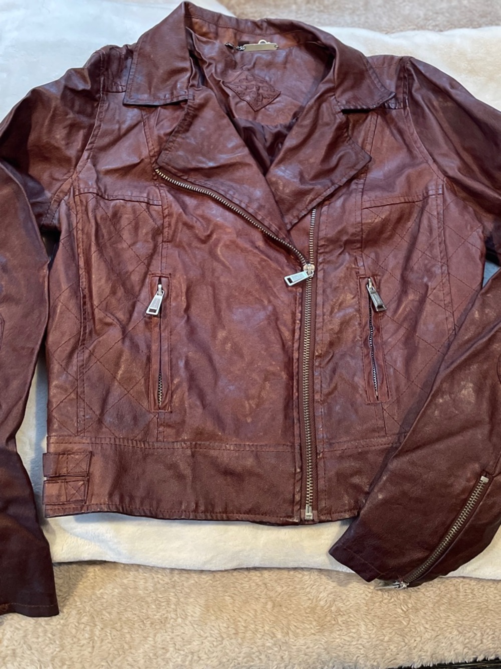 Womens Brown Faux Leather Moto Jacket